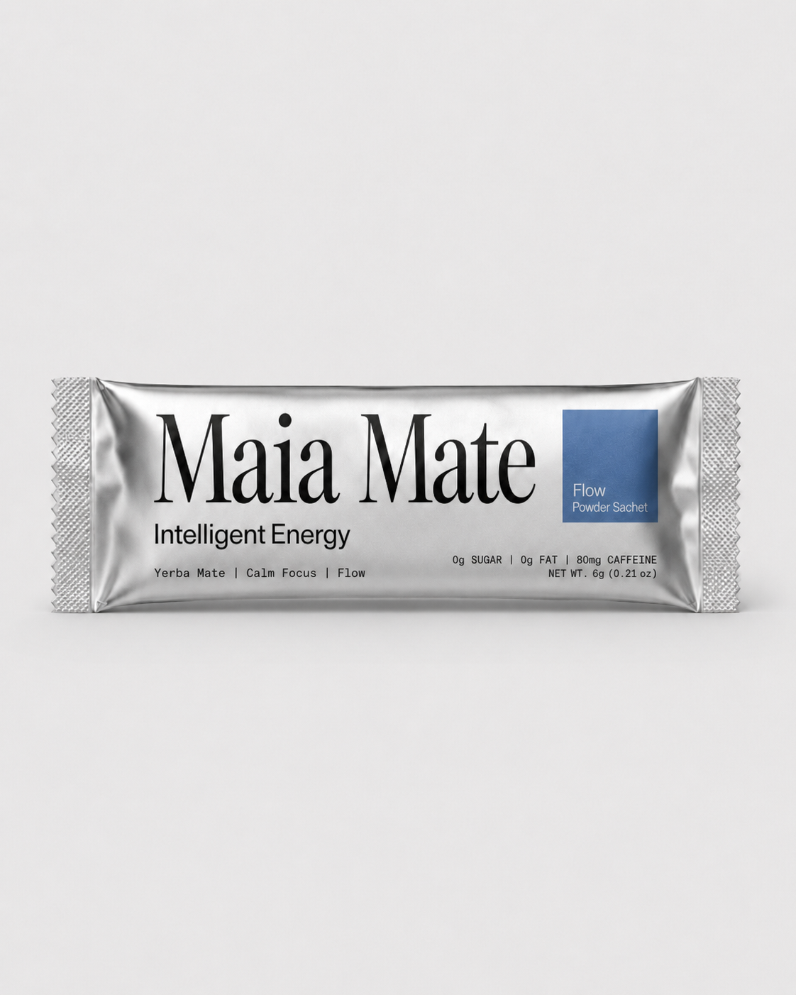 Maia Mate Flow — silver powder sachet with blue accent